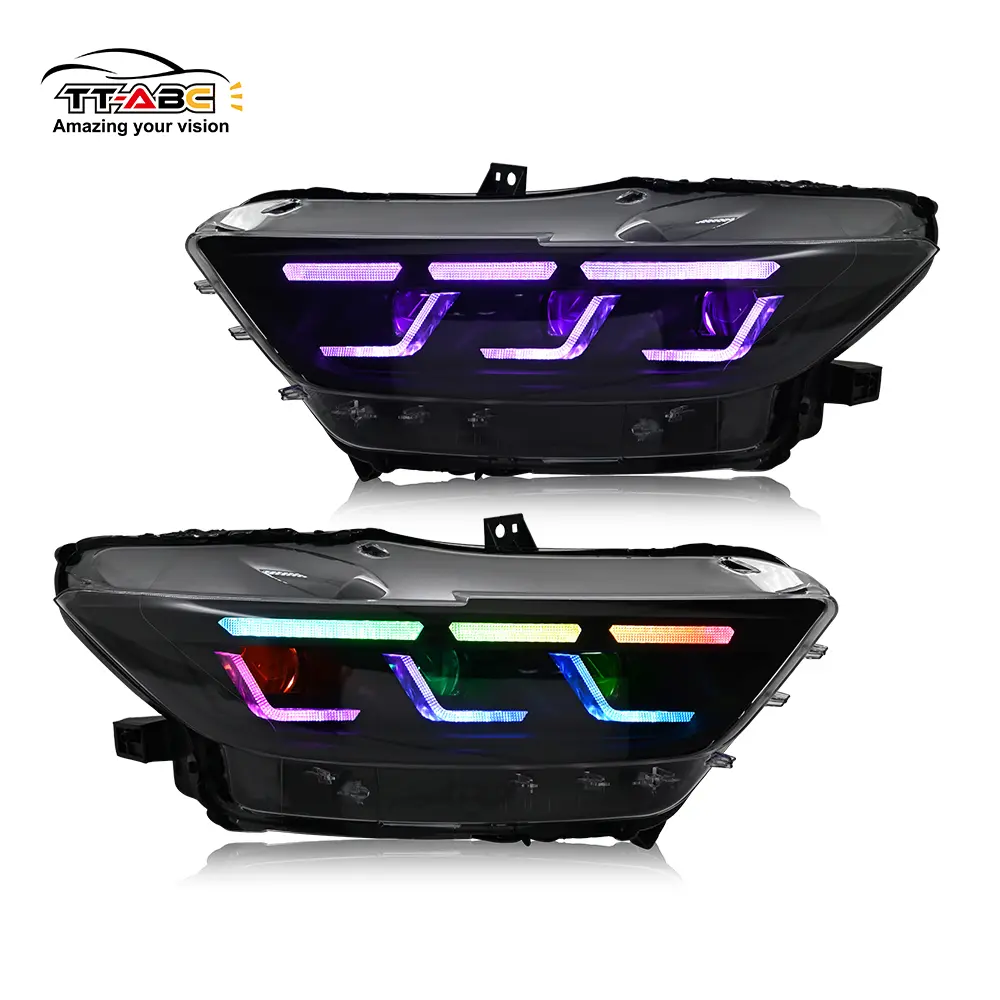 TT-ABC RGB Triple Beam Lens Luminous LED Car Headlight Kit, PC Pre-Assembled Front Lamp Assembly with Carbon Fiber, Vehicle-Specific Headlight Replacement for 2015-2017 Ford Mustang S550, Easy Installation, Manufacturer Warranty, Projector