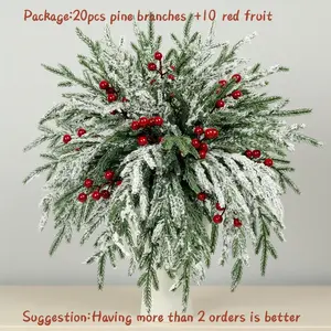 30 Artificial Christmas Tree Branches with Berries, 13.8 Inch Fake Norfolk Spruce Leaves, Modern Elegant Decoration, Holiday Decorations (30 Pieces)