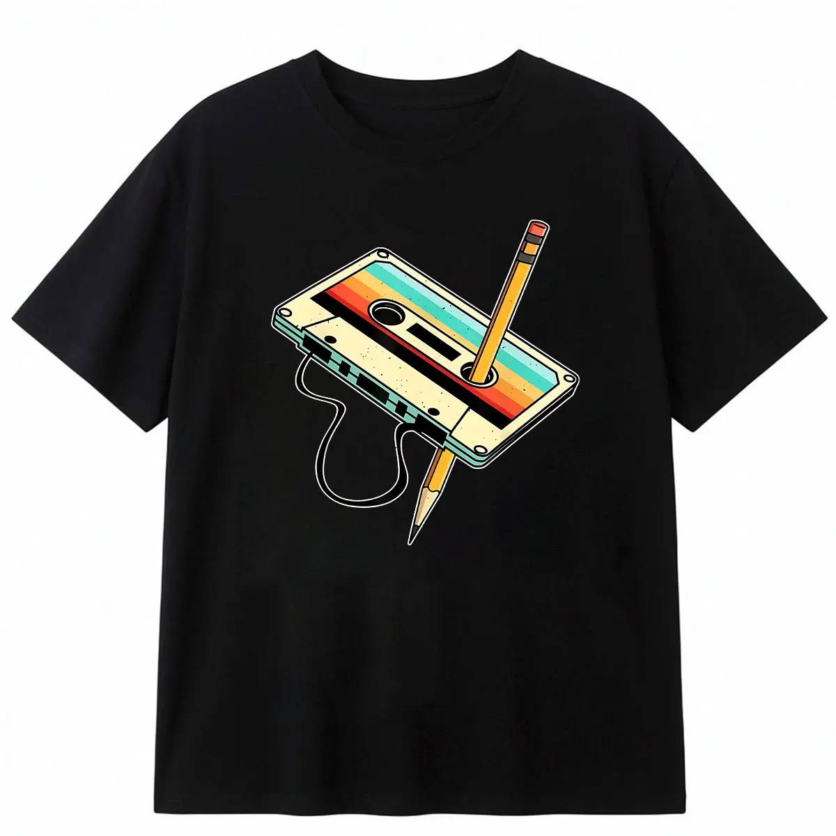 Men's Soft Graphic Tee, 80s Cassette Tape Retro Music Print, Casual Short Sleeve Crew Neck Streetwear Top, Basic, Shortsleeve, Menswear