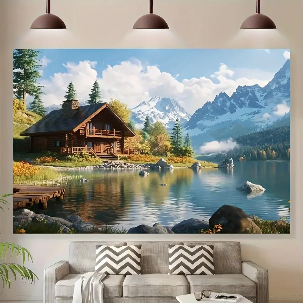 2D Flat Polyester Pastoral Photography Backdrop, HD Digital Printed Scenic Mountain Lake Cabin Landscape Cloth, Soft Lightweight Folding for Studio Shooting, Portrait Photography, Party Decor, Casual