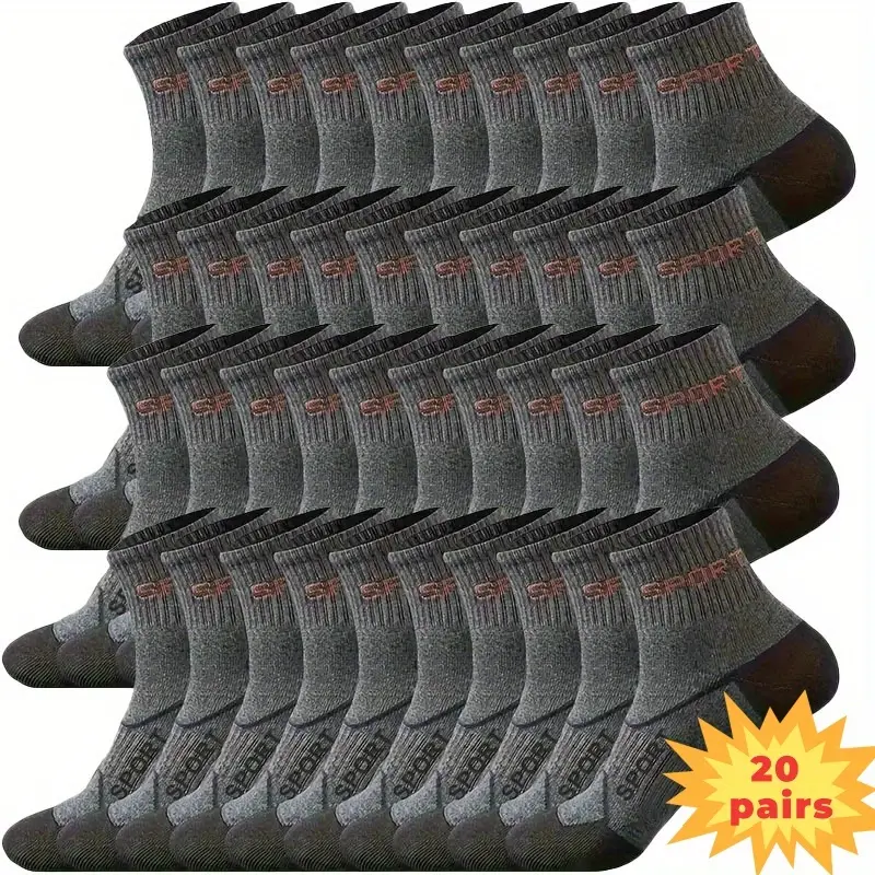 Men's 20-Pair Ankle Socks, Menswear Athletic Sports Socks, 1 Size Fits All, Breathable, Moisture-Wicking, Reinforced Heel & Toes, Letter Print, All-Season, for Running & Casual Use, Athletic Socks