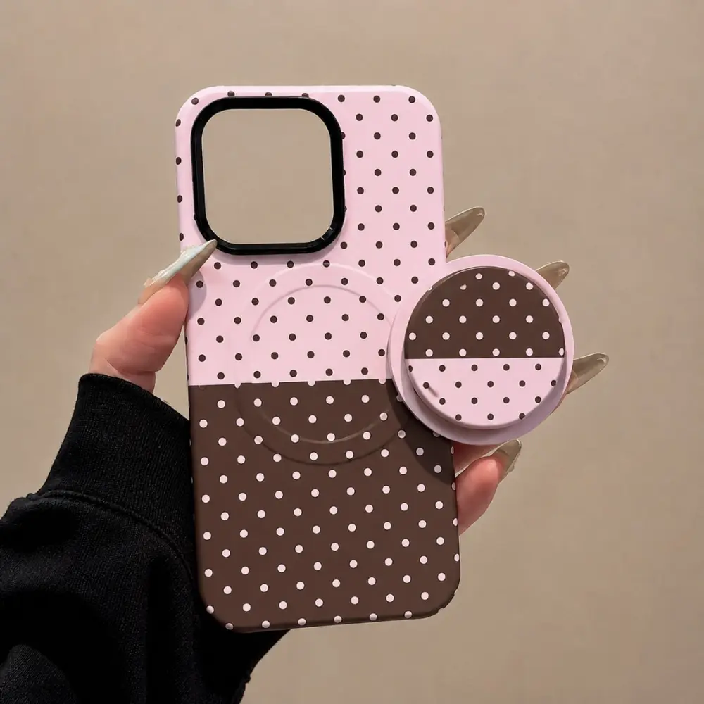 2-Piece Set - Premium Protective Case & Matching Phone Grip - Stylish Polka Dot Pattern, Durable Protective Cover With Secure Phone Stand - Mobile Phone Accessories