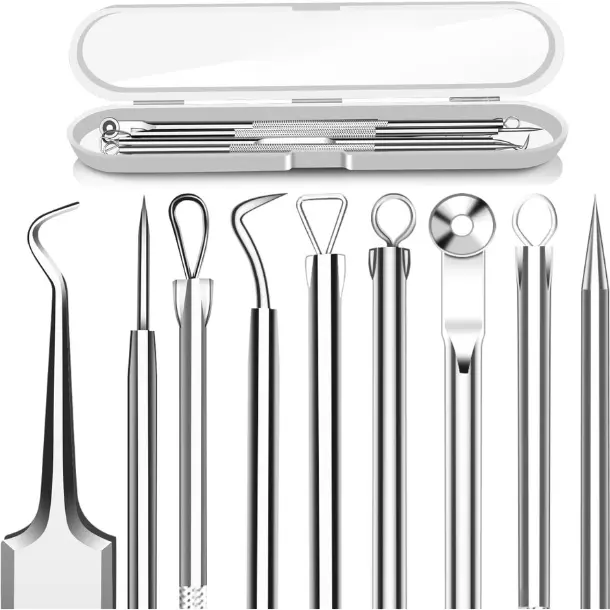 5PCS Blackhead Remover Comedone Extractor, Curved Blackhead Tweezers Kit, Professional Stainless Pimple Acne Blemish Removal Tools Kit for Manual