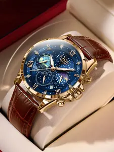 Men's Minimalist Business Fashion Pu Leather Strap Digital Hands Quartz Watch, Casual Round Dial Calendar Analog Wristwatch, Perfect Gift for Men, with Box, Business Fashion Watches