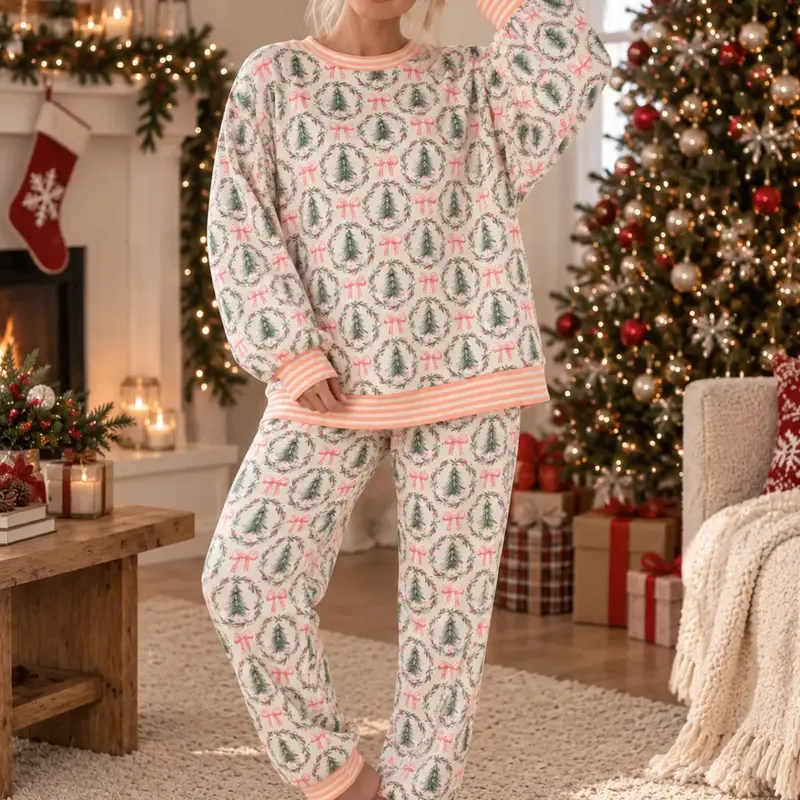 YF Women's Christmas Tree Bow Printed Home Suit Set ,Back to school Pajamas Set, 2 Piece Long Sleeve Long Pants Loungewear, Reindeer Tree Print Crew Neck Sleepwear, Casual Loose Holiday Jogger PJ Set for Fall Winter Xmas Party Family Photos
