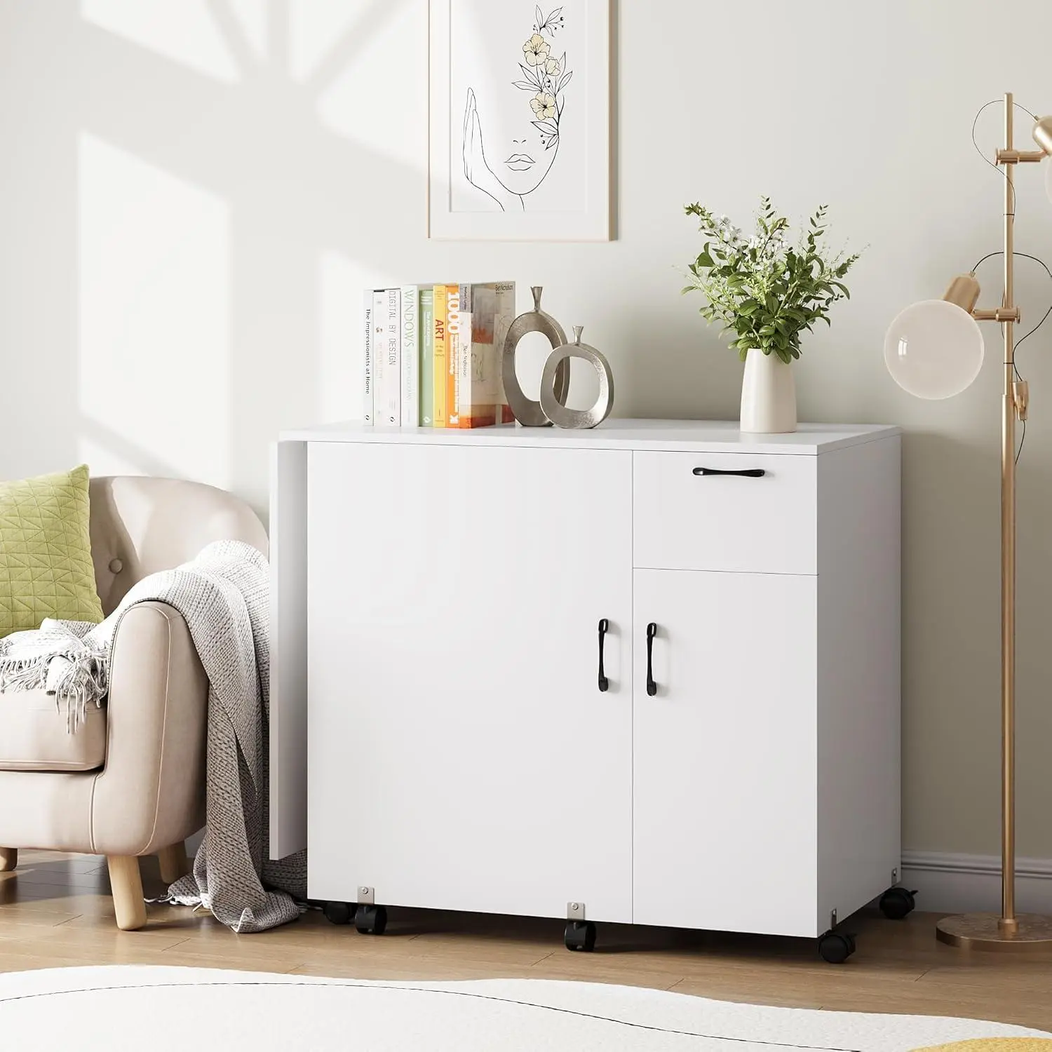 GARVEE White Folding Sewing Machine Table - Lock Wheels, Storage Shelves, Sliding Drawer, Rolling Craft Station Side Desk for Home, Small Spaces