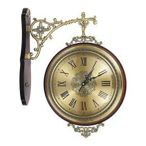 12-Inch Round Vintage Double-Sided Wood & Gold Roman Numerals Silent Non-Ticking Wall Clock, Home Decor, Room Decor for Living Room, Bedroom