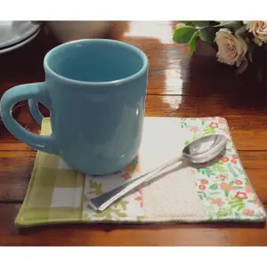 Sage Green Gingham and Floral Prints Quilted Mug Rugs, Coasters- Gift Idea Any Occasion Coffee Tea Lovers