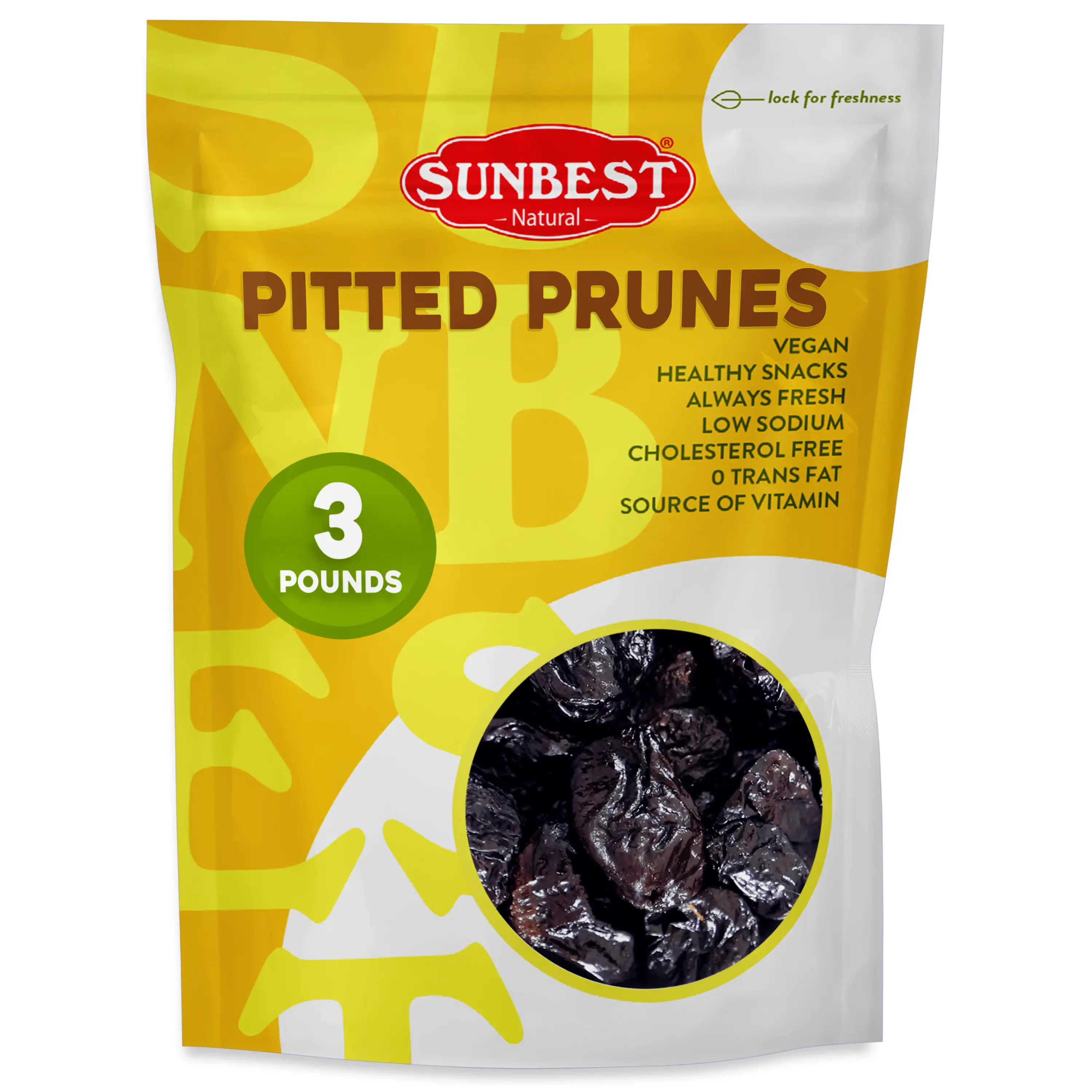 Sunbest Natural Jumbo Pitted Prunes Snack - 3 lb (48 oz) Bulk Large Pack, Sweet Fiber-Rich Digestive Support Dried Snack