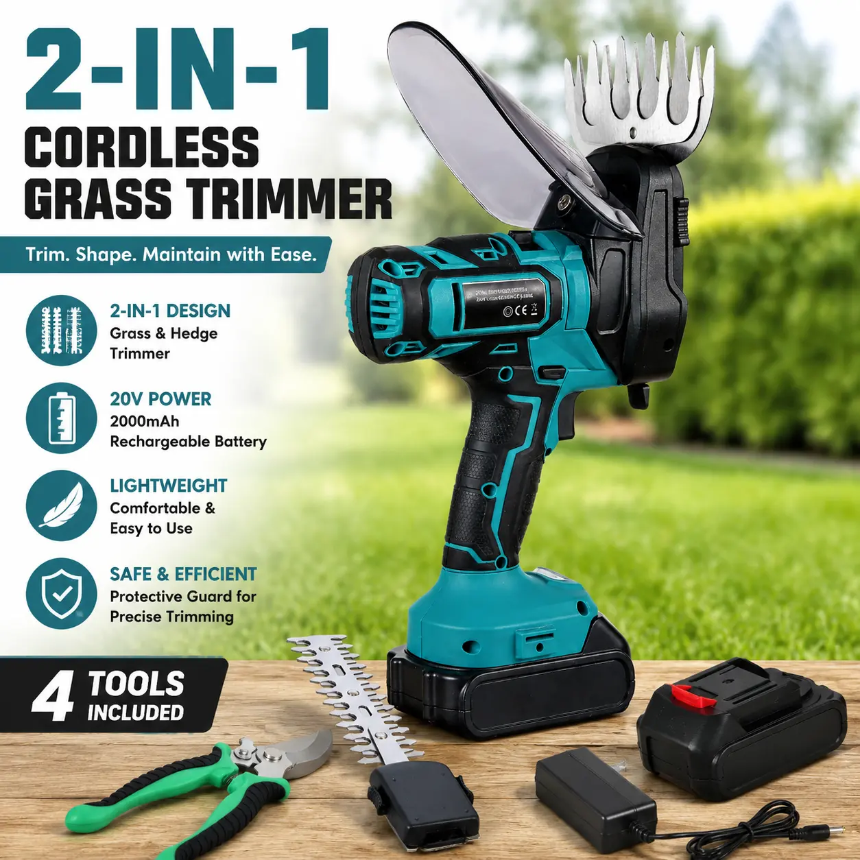 20V Cordless Grass Trimmer 2000mAh 2 in 1 Handheld Electric Lawn Trimmer Hedge Trimmer with Pruning Shear for Gardening