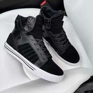 Supra Skytop Men's High Top Skate Shoes Black Suede and Crocodile Embossed Leather Streetwear Fashion Sneakers Footwear