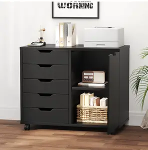 5-Drawer Wood File Cabinet, Mobile Printer Stand with Adjustable Shelf & Wheels, Storage Shelves for Home Office