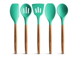 Zulay Silicone Kitchen Utensil Set - 5 Pieces: Non-Scratch Cookware Accessories with Acacia Wood Handles, Heat-Resistant Stirring Spatula