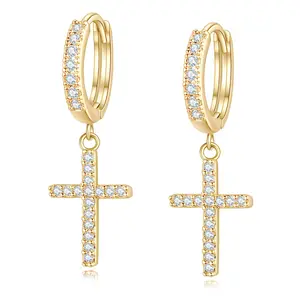 14K Gold Plated Drop Dangle Cross Hoop Earrings Trendy Gold Cross Earrings for Women Small CZ Huggie Hoops Dangling Diamond Cross Earrings Hypoallergenic