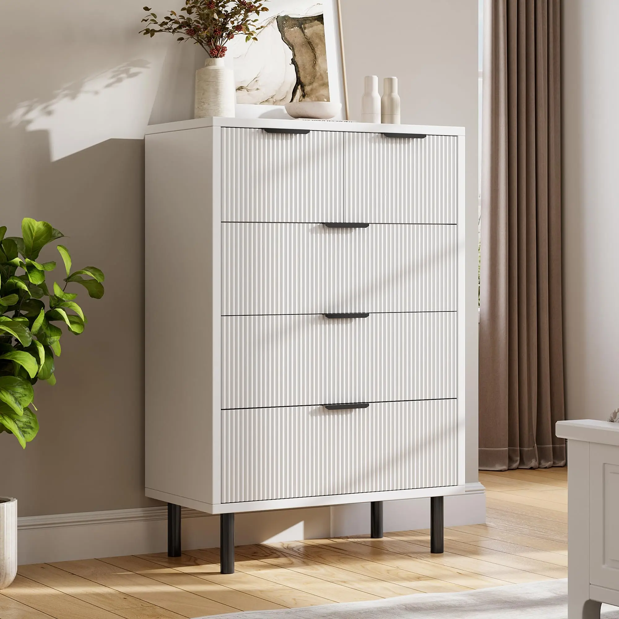Garvee Black Fluted 5-Drawer Wooden Modern Storage Dresser - Floor Standing Drawer Set Cabinets, Deep Wide Compartments, Anti-Tip Safety Device, Metal Legs, Home Decor, Easy Setup (Ideal for Bedroom, Entryway Kids Clothes Storage), Entryway Storage Chest