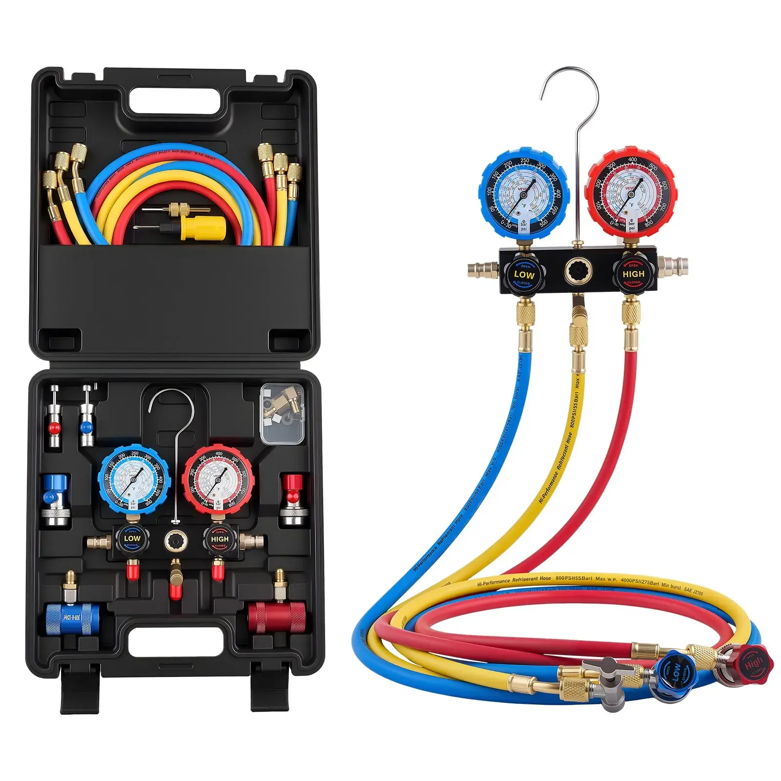 【BackToSchool】VEVOR AC Manifold Gauge Set for R134a R404A R1234yf R22 Refrigerant, 4 Way AC Gauge with 5 ft Hoses, Adapters, Quick Couplers, Can Taps for Automotive Air Conditioning Maintenance, Charging Evacuation, Hvac Gauges