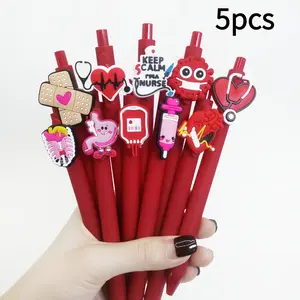5pcs Red Medical-Themed Retractable Pens with Soft Grip Handles - Includes Stethoscope, Heart Designs, Ideal for Nurses and Medical Professionals, Medical Office Supplies, Writing Tools, Playful Design, Ballpoint Pen Set
