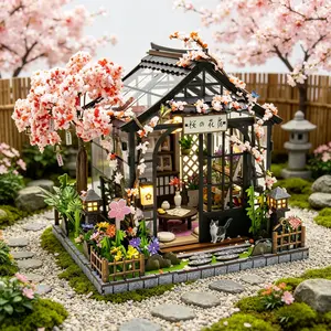 M2621 Spring Cherry Blossom Greenhouse DIY Dollhouse, Wooden Miniature House Kit, Handmade Assembly Craft Decor, DIY Building Kit, DIY Building Model