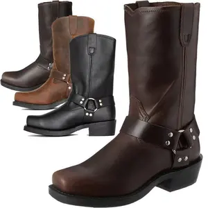 Men'S Calf Boots Square Toe Tube Surface Sewing Metal Ring Elements Thick Heel Western Cowboy Style Outdoor Wear Mid-Calf Boots Men'S Boots Suitable for All Seasons Walking Shoes Footwear Closed Comfort Bota Women Decor Orthotic