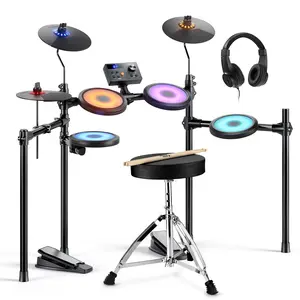 Donner DED-70L Electronic Drum Set with LED Lights, 5 Drums, 3 Cymbals, 150 Tones, Adjustable Rack, Dual Power, 40 Free Lessons