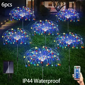 6pcs 120LEDs New Upgrade Outdoor Solar Dandelion Firework Fairy Lights With Remote Control, Easy To Install, With 8 Modes Twinkling&Steady-On, Solar Starburst Sparkler Lights For Yard, Path, Patio Flowerbed, Parties Christmas Gift Decorative Lamp Lighting