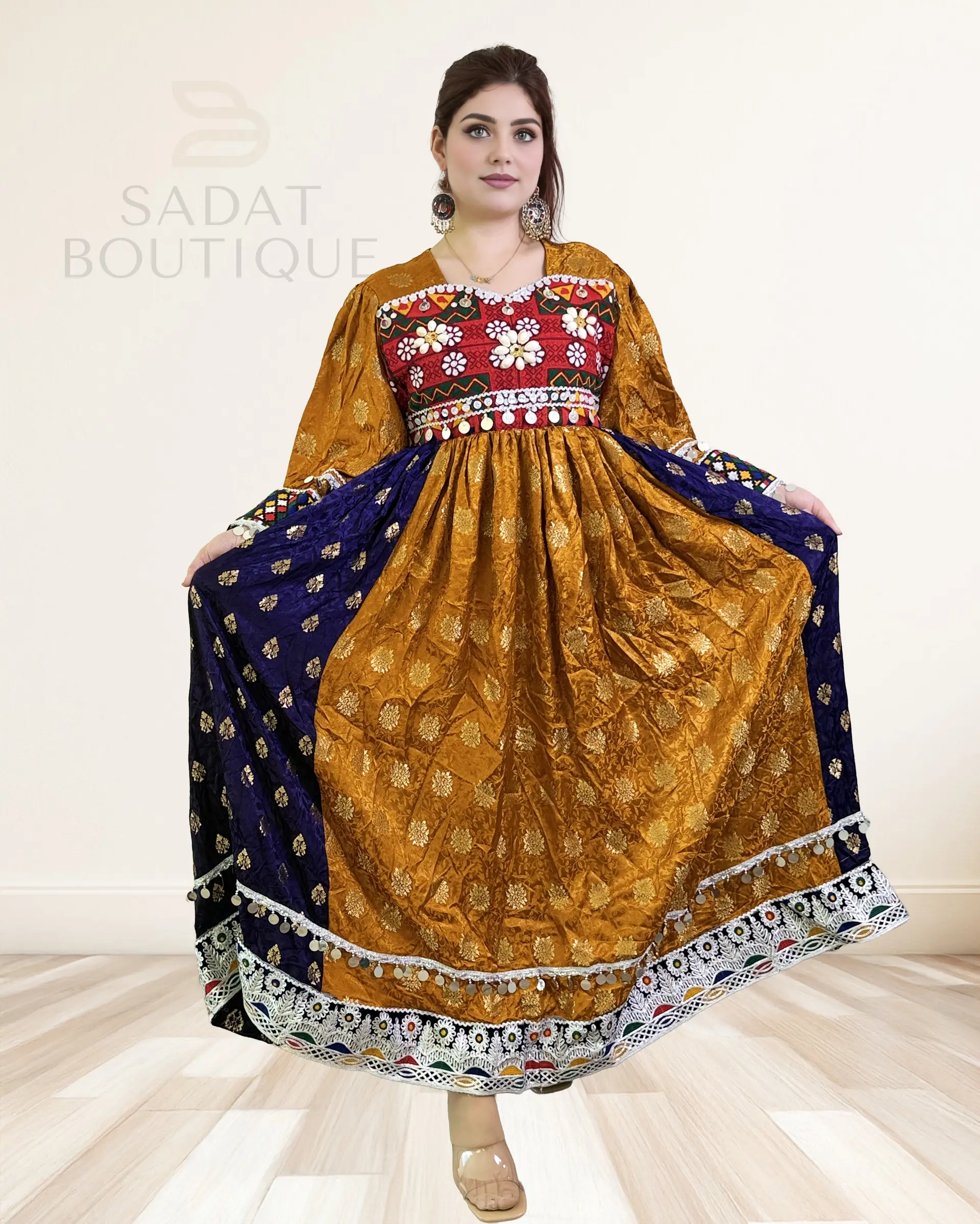 Afghan Traditional Clothes for Women, Golden & Navy Embroidered Dress in Lightweight Brocade Fabric, Handmade Cultural Costumes for Weddings, Silver, Accessories