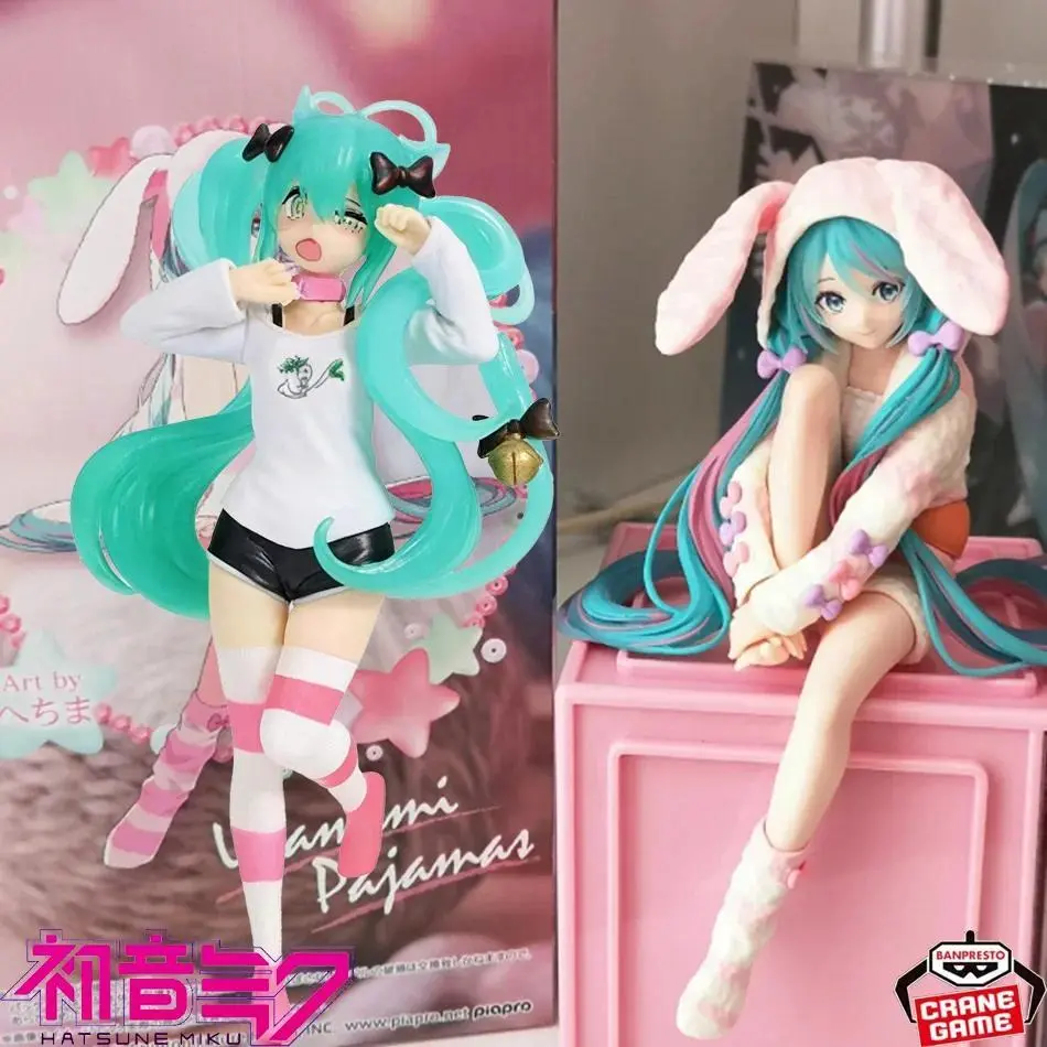 14cm Anime Merch Hatsune Miku Noodle Stopper Figure Pink Bunny Ear Pajamas Ver. & Standing Ver.PVC Model Doll Desktop Decoration