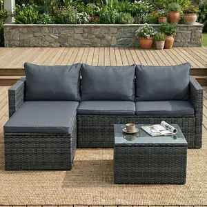 5 Piece Patio Furniture Set Outdoor Sectional Wicker Patio Furniture with Glass Table and Cushions, All-Weather Wicker Rattan, Grey