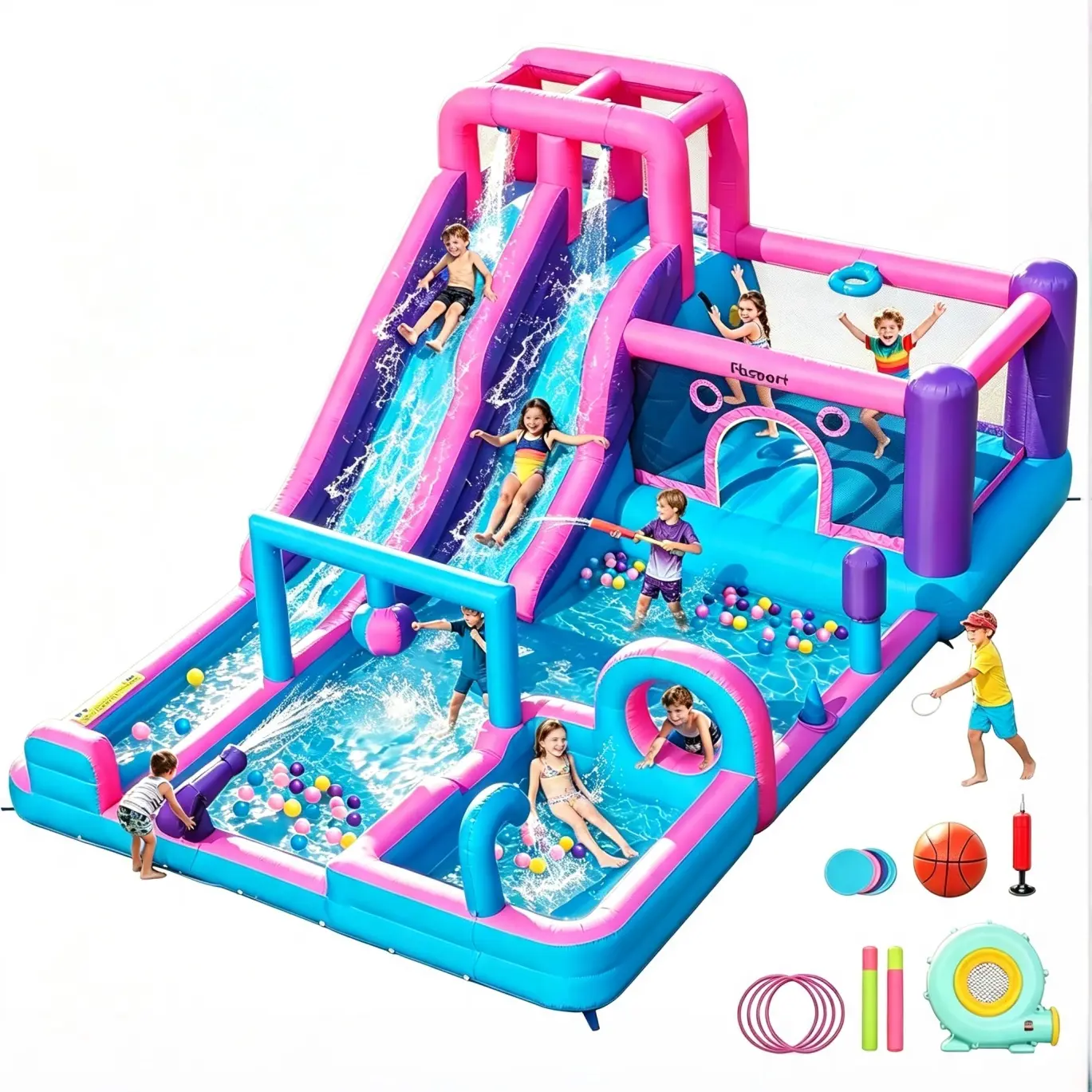 FBSPORT Inflatable Bounce House with Double Water Slide, 750W Blower, Climbing Wall, Jumping Area, Splash Pool for Kids Indoor Outdoor