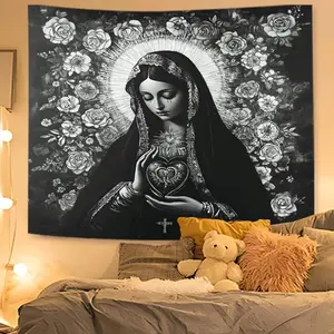 Sacred Heart Virgin Mary Tapestry, Floral Halo Wall Hanging, Religious Theme Artwork Gift for Faith Lovers, Spiritual Decor, Home Decor, Flower Pattern Tapestry