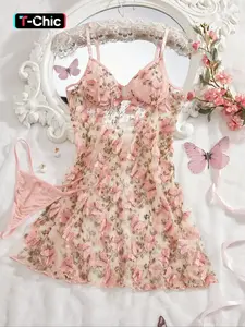 Women's Embroidery Butterfly Cami Nightdress & Thong Sexy Sleepwear, Comfortable Elegant Nighty Dress & Panty Set, Ladies Sleepwear for All Seasons