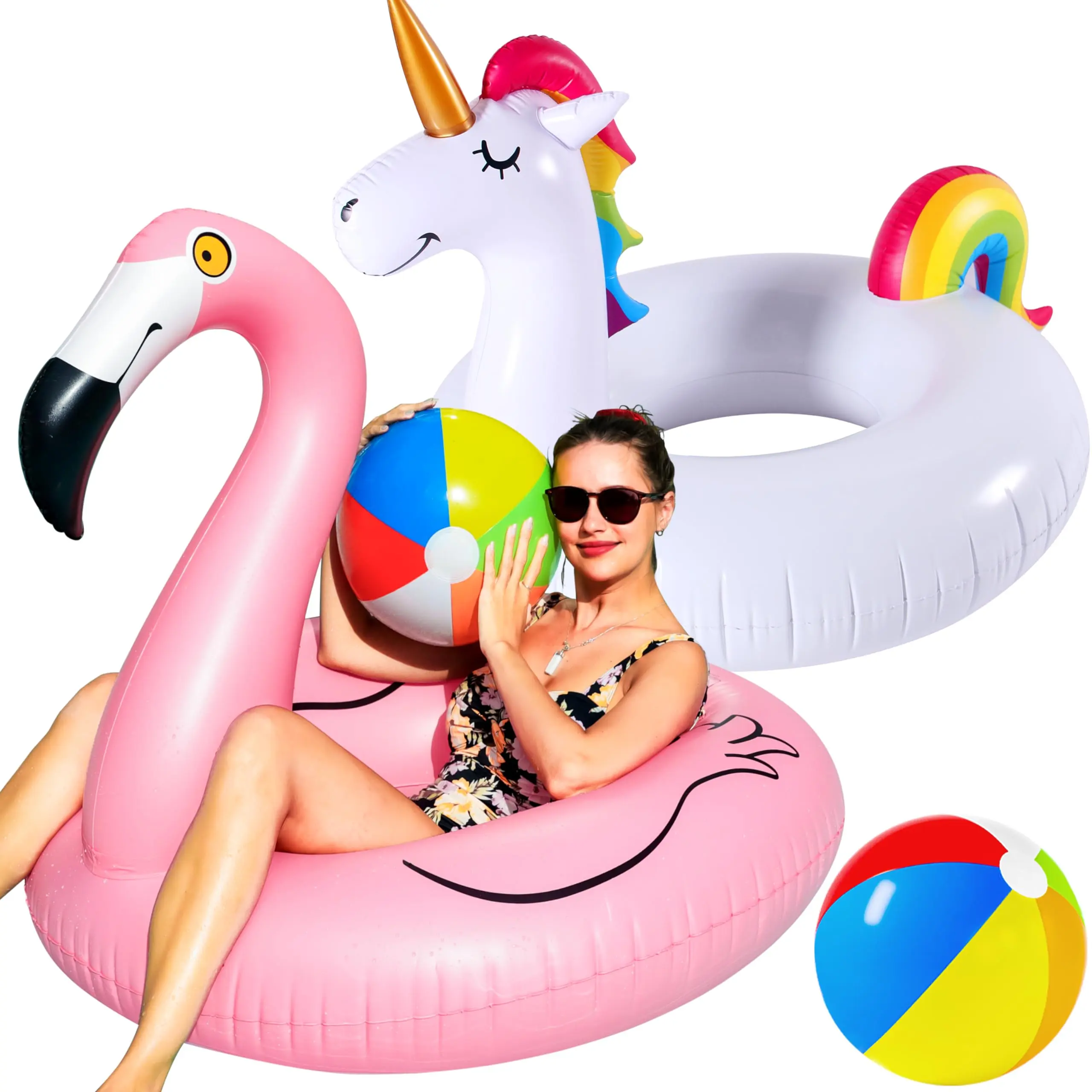 2 Pack Pool Floats - 57" Unicorn & 46" Flamingo Floaties with 2 Balls, Heavy Duty Inflatable Pool Toys for Adults & Water Parties