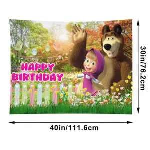 Tapestry Cartoon Girl-Mashas-and Bear Theme Girl Child's Birthday Party Background Baby Shower Photography Supplies Banner For Tapestry  Kid Gift Flowers Cotton