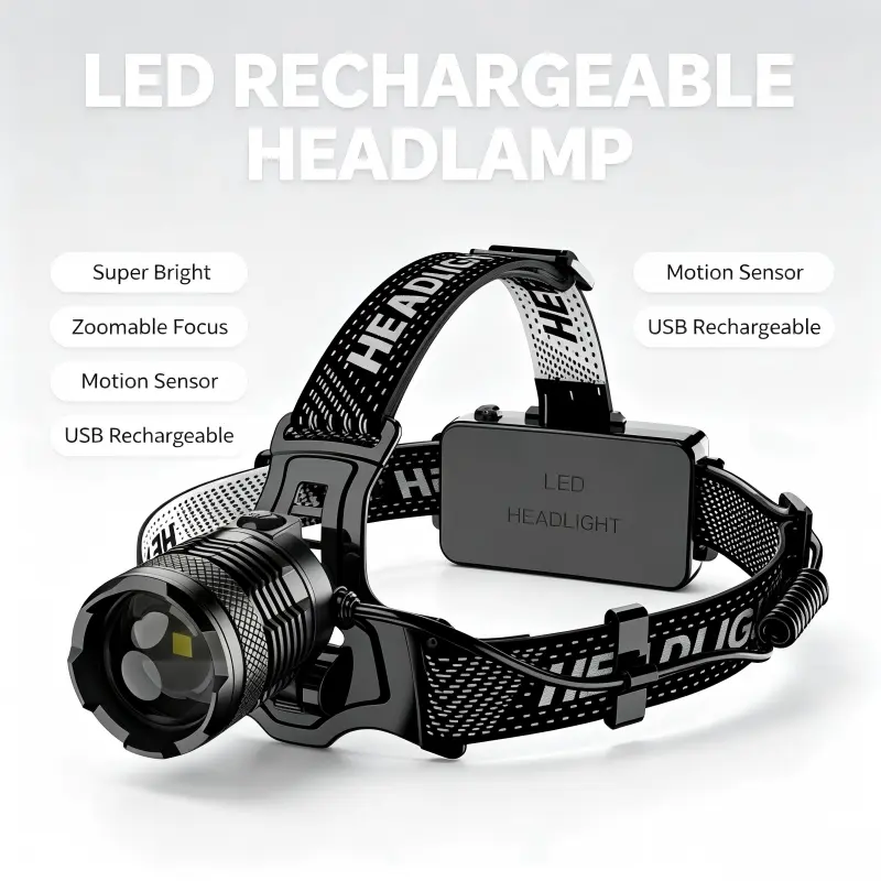 Motion Sensor LED Rechargeable Headlamp, Zoomable Focus White Laser Core Head Light, IPX4 Waterproof Hands-Free Wave Control Head Flashlight for Fishing Camping Running Auto Repair