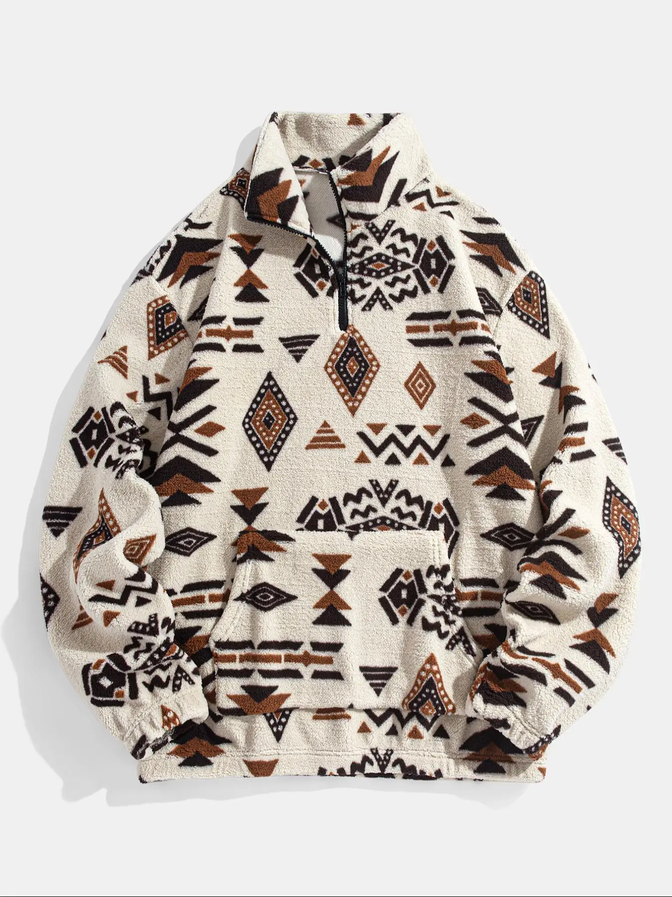 Men's Ethnic Pattern Zip Up Plush Sweatshirt, Casual Long Sleeve Pocket Collared Pullover for Winter, Fashion Men's Clothes for Daily Wear