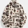 Men's Ethnic Pattern Zip Up Plush Sweatshirt, Casual Long Sleeve Pocket Collared Pullover for Winter, Fashion Men's Clothes for Daily Wear