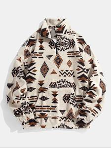 men's ethnic pattern zip up plush sweatshirts, casual cozy long sleeve pocket collared pullover for winter, fashion men's clothes for daily wear