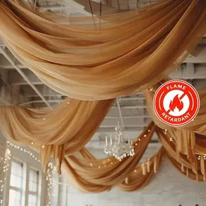 Gold Chiffon Ceiling Drapery, Durable Flame Resistant Long Curtain Backdrop Panel With Rod Pocket 5ftx32ft