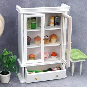 1:12 Scale Mini Dollhouse Living Room Storage Cabinet White Two Door Drawer Organizer Perfect for Collectible Dolls Christmas Easter New Year Gift Wooden Doll House
