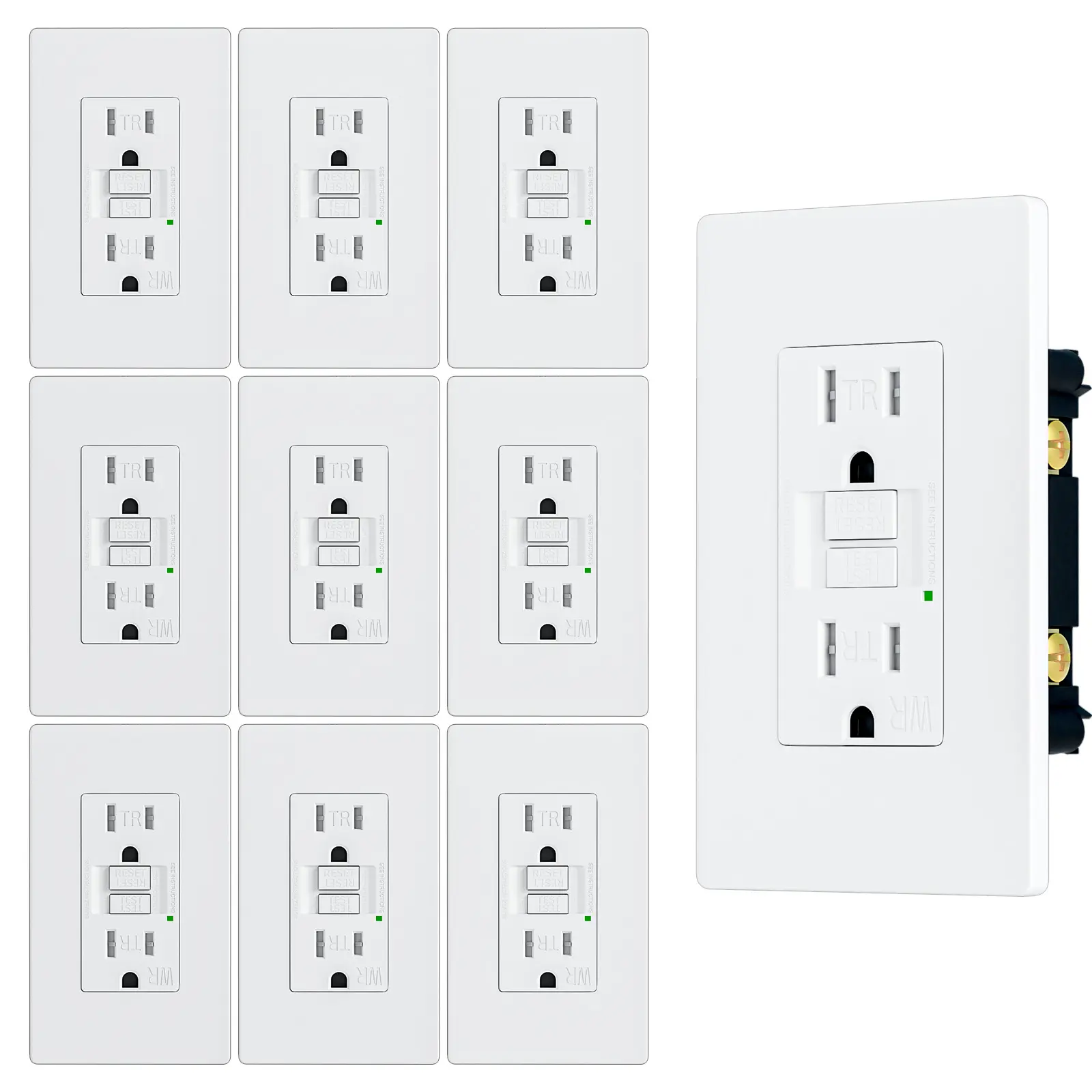 BRILLTECH 10PACK 15 Amp Self-Test Slim GFCI Outlet Weather Resistant, Tamper-Resistant Receptacle with LED Indicator, Screwless Wallplate Included, UL Listed White