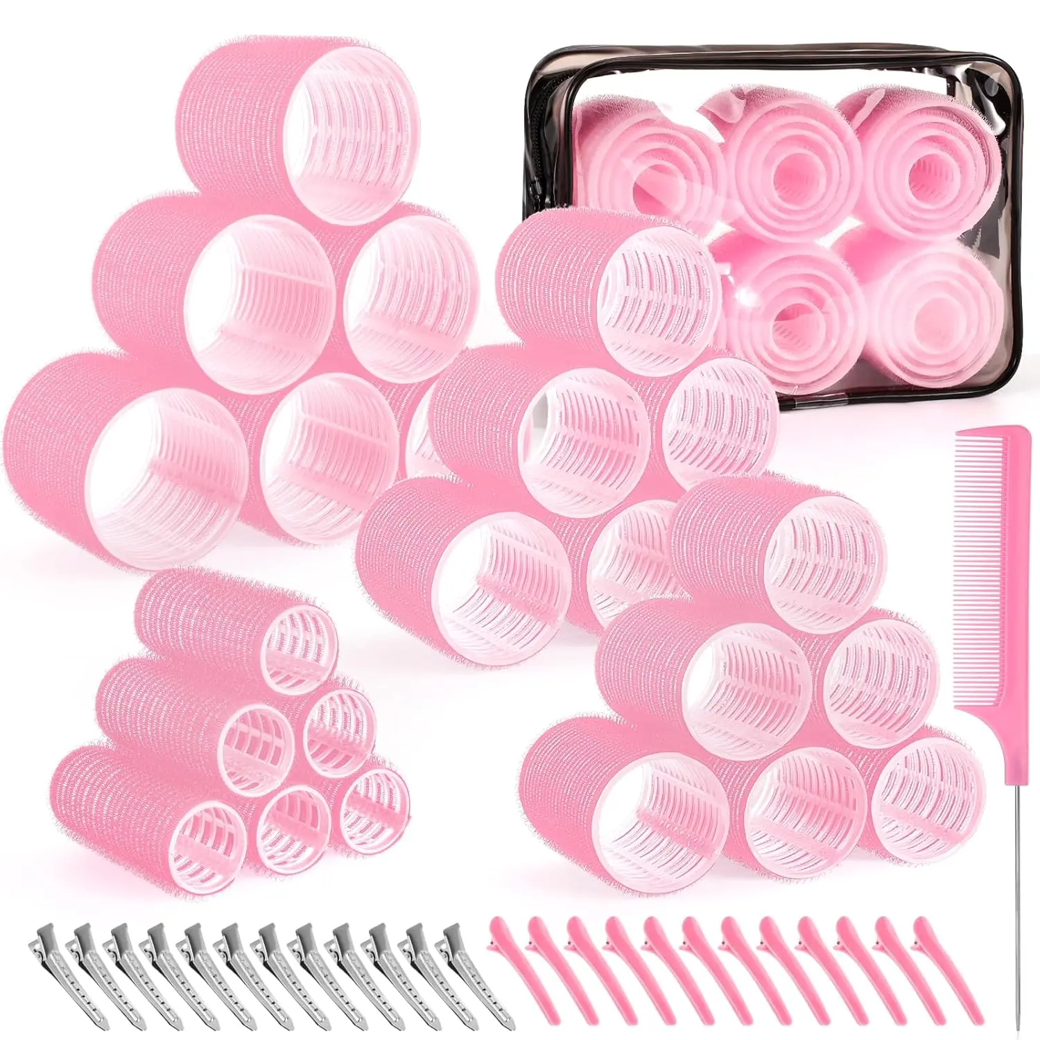 50-Piece Heatless Hair Rollers Set Self-Grip Velcro Curlers with Clips Comb Pink Salon-Quality Curls No Heat Damage Versatile Sizes Complete Styling Kit Travel-Friendly Storage