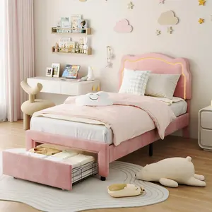 Twin Upholstered Smart LED Bed Frame With Adjustable Headboard, Velvet Princess Platform Bed Frame , Wooden Slats Support, No Box Spring Needed, Easy Assembly,Pink
