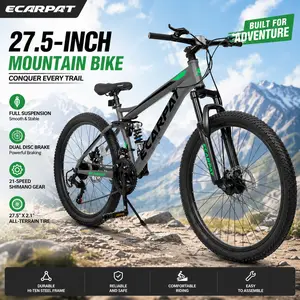 Full Suspension Mountain Bike 27.5 Inch 21 Speed Adult Bicycles Men Women MTB Front Rear Dual Shock Absorbers Mechanical Disc Brakes Off Road Trail Riding Outdoor Fitness Travel Commuter Bicycle Cycling Equipment