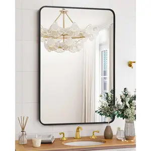 Eco-Friendly HD Wall Mirror, 24x36 Inch Matte Black Metal Framed Mirror, Stylish Rounded Corner Design, Versatile Vanity Mirror for Bathroom, Hung Horizontally or Vertically
