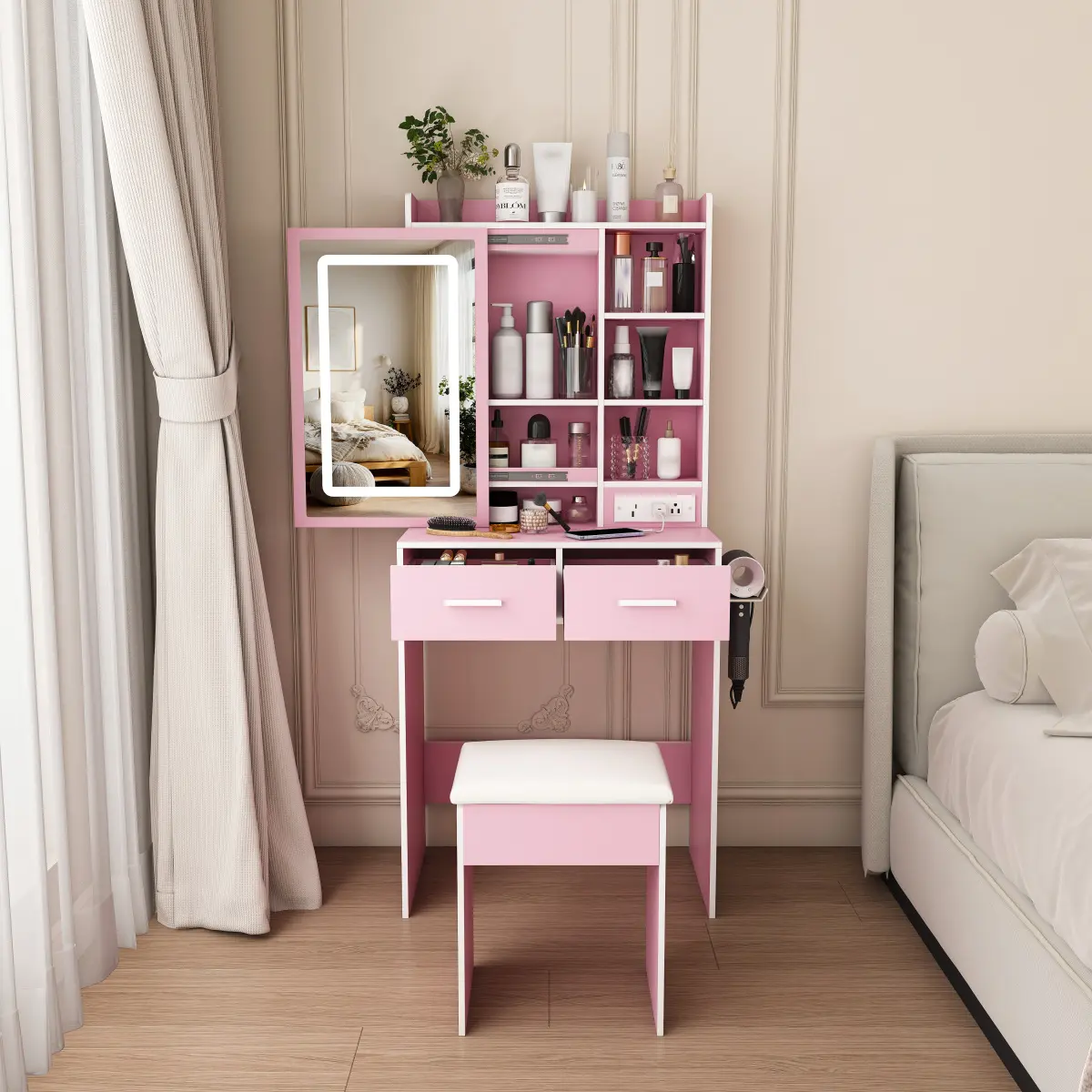 Small Vanity Desk with Mirror and Lights, Makeup Vanity Table with Power Outlet & 2 Drawers & 6 Shelves & Stool,Dressing Table Set for Bedroom, Brightness Adjustable, Pink