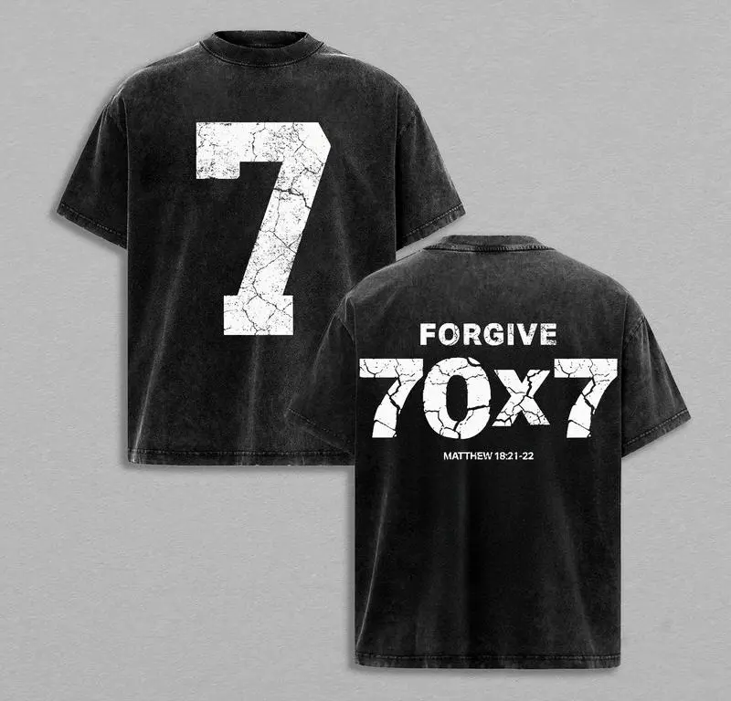 Men's Vintage Christian T-Shirt with 70x7 Forgive Print, Distressed 90s Grunge Graphic, Heavyweight Washed Cotton Short-Sleeve Streetwear, Tshirt, Activewear