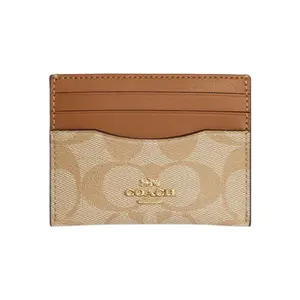 Coach Card Case 10 for Women – Classic Monogram Coated Canvas and Leather, Light Khaki