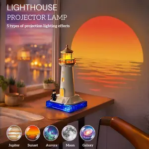 Lighthouse Projector Lamp, USB Atmosphere Desk Light, Galaxy 5 Projection Effects, Motion Sensor, Sunset Lamp, 2400mah Battery, Gift Idea