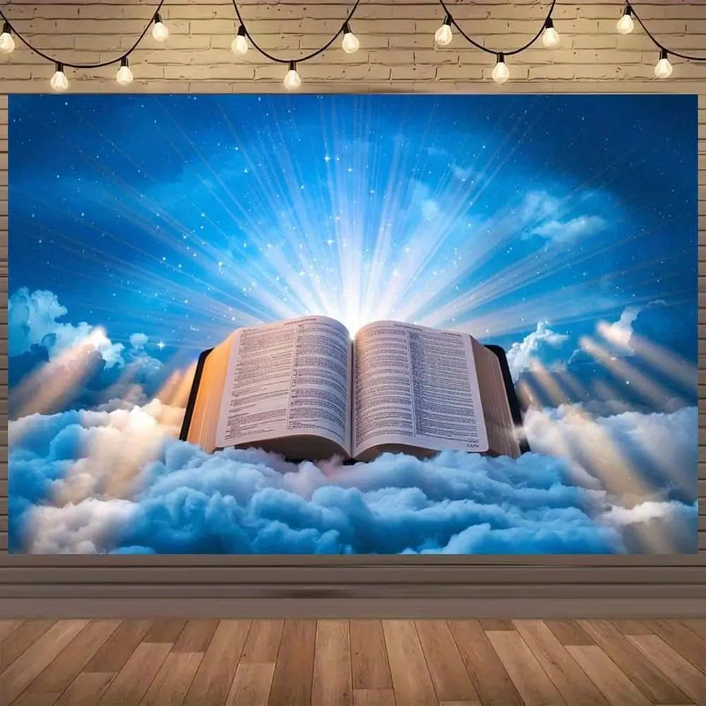 1pc Super Soft Durable Polyester 2D Flat Heavenly Book Backdrop Decor - Divine Light, Clouds, Multi-Size Glam Indoor Religious Banner for Church Ceremonies, Family Gatherings, Ceremony