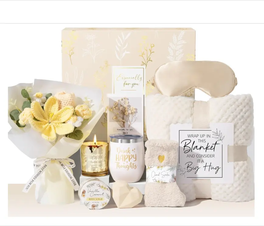 Color Ivory White Mothers Day Birthday Gifts for Women Self Care Package Get Well Soon Gift Baskets, Thinking of You Sympathy Spa Gift Set w/ Crochet Flower Bouquet, Unique Gifts for Women Mom Sister Grandma Friends